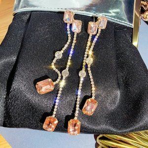 Crystal Dangle Long Tassel Double Gem Earrings NWT